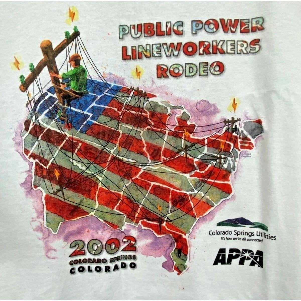 VTG Lineworkers RODEO Graphic T-shirt Flag Power Colorado USA Cotton 2XL Y2K L