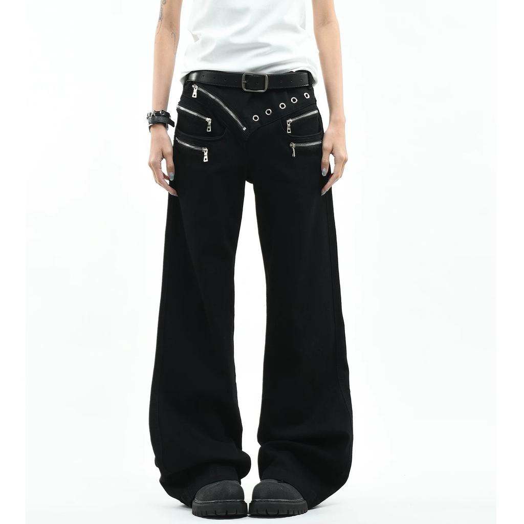 American heavy industry multi-zipper special-shaped waist jeans men's and women's high street vibe loose and thin straight micro-pull pants