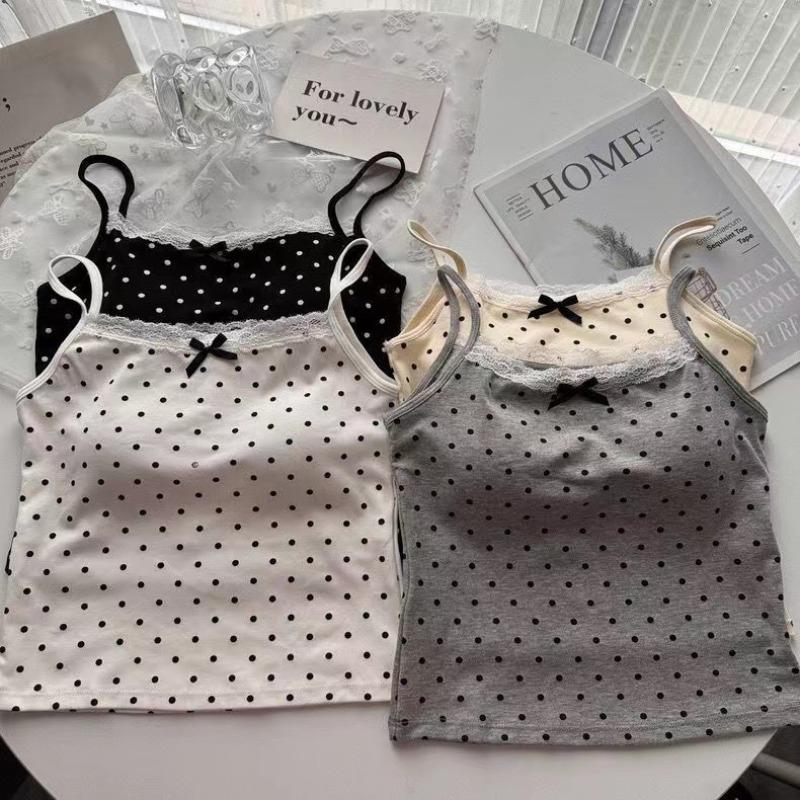 Damen Sommer Süß Gepunktet Spitze Rand Trägertops Schleife Innenschicht Unterhemd mit BH-Pad Schlank Rückenfrei Sexy Basic Crop Top