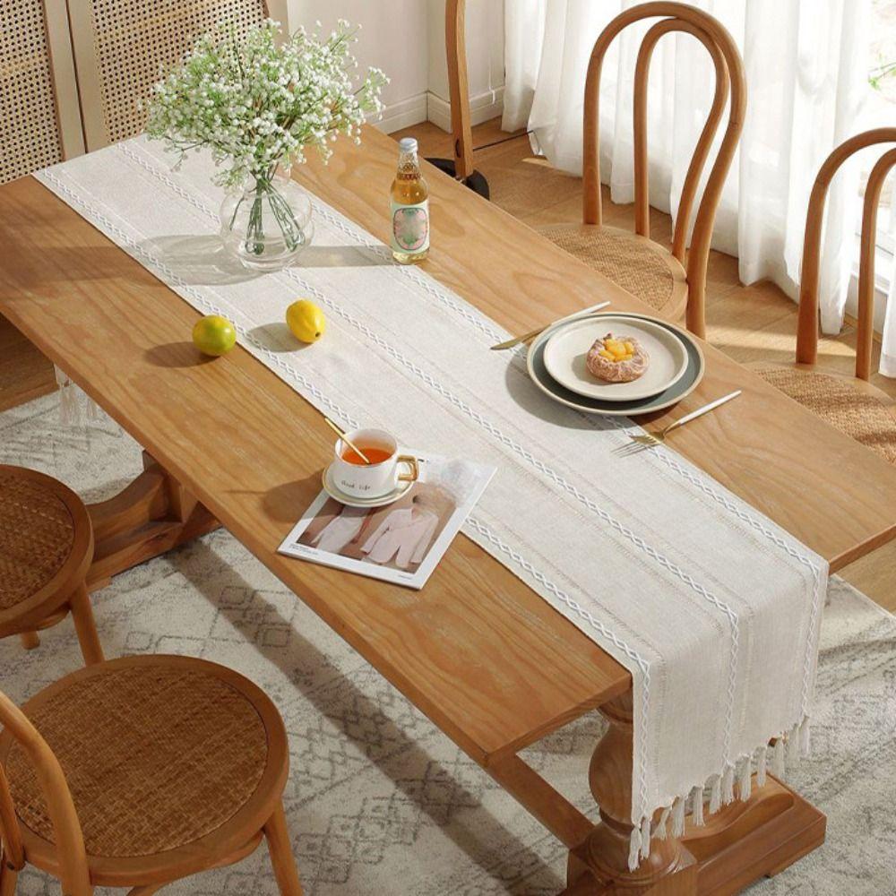 Hollow Weaving Rustic Table Runner With Tassels Table Cover Household Table Flag  TV Stand