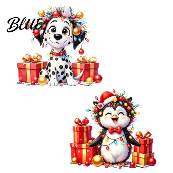 DIY Christmas Window Ornaments Spotted Puppy/Penguin Static Sticker Cute Watercolor Animal Glass Stickers with Colorful Lights & Gift Boxes Puppy or