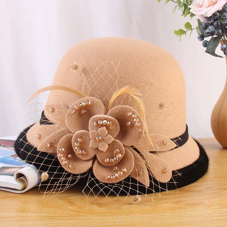 2023 European And American Woolen Top Hat Bucket Hat Women'S Handmade Mesh Flower Felt Hat Autumn And Winter Warm Basin Hat