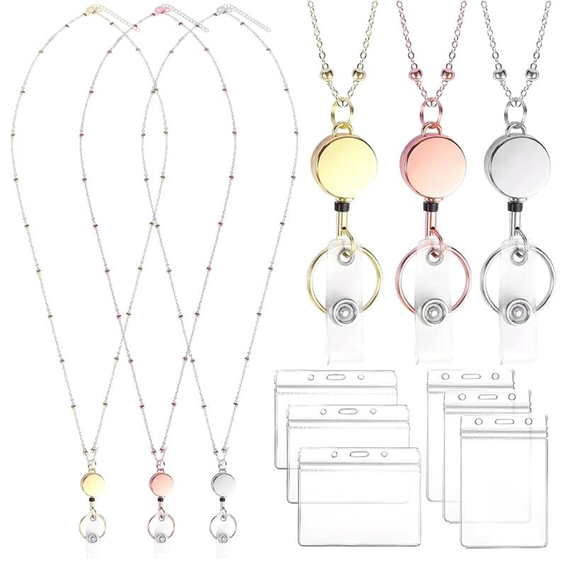 Retractable Badge Reel Lanyard Id Card Holders Plastic Chain Necklaces Keychain Clip For Women Men Employee