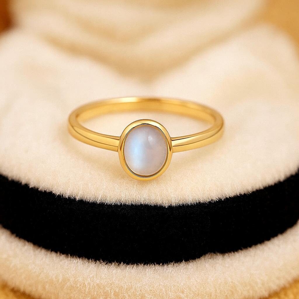 Oval Cut Moonstone Solitaire Ring – Yellow Gold Plated Bezel Setting, Engagement Wedding Jewelry Gift for Women