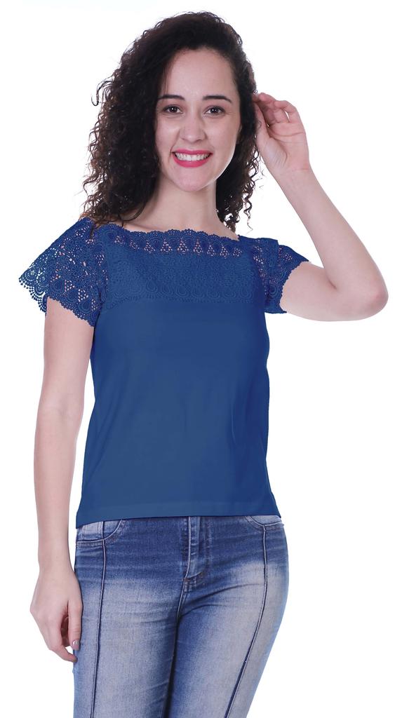 Moomaya Lace Sleeve Tops For Women Plain Boat Neck Tee Shirt