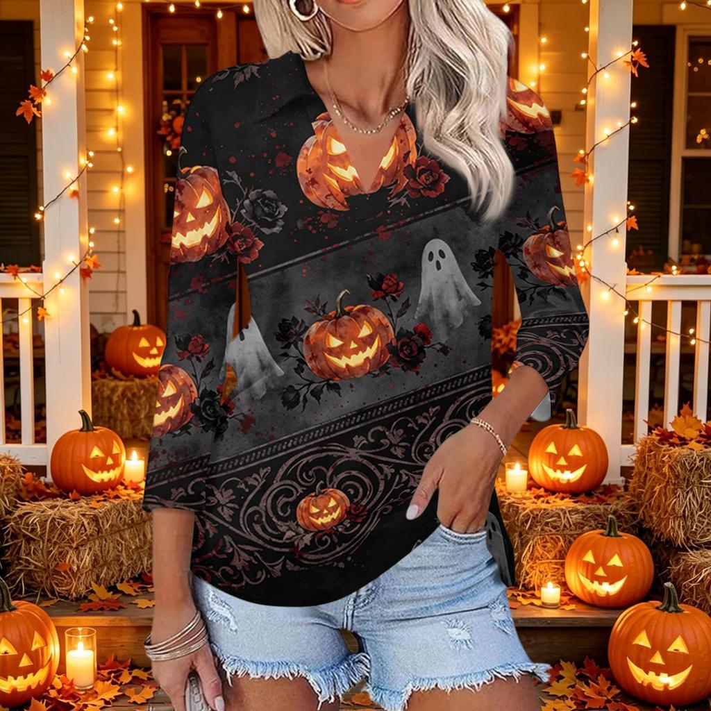 Women's Casual Halloween Themed Print V-Neck Three-Quarter Sleeve Top