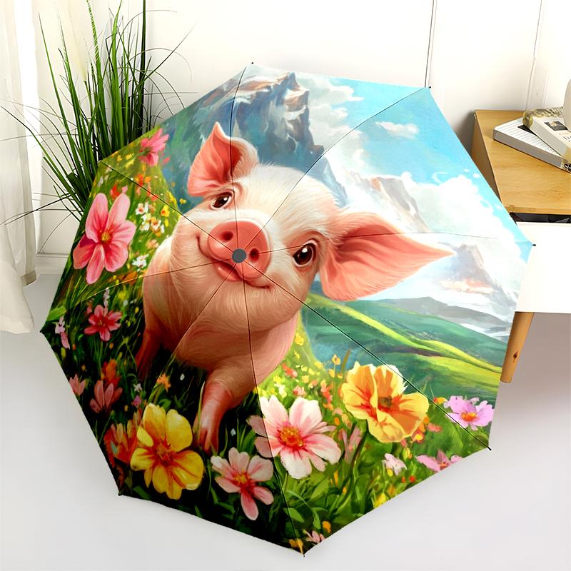 Pig Pattern, Automatic Folding Umbrella, Portable and Foldable Design, 8 Ribs, a Christmas or Birthday Gift.