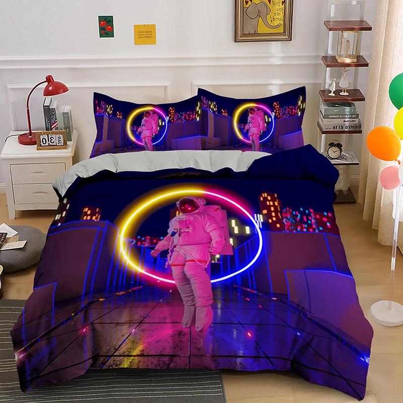 Astronaut King Queen Duvet Cover Space Cycling Bedding Set Cartoon Universe Comforter Cover Galaxy 2/3Pcs Polyester Quilt Cover
