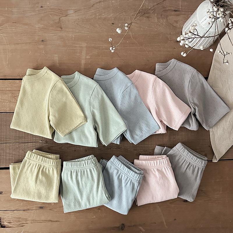Summer Kids Cotton Pajama Set Class A Baby Breathable Solid Home Wear Two Piece Suit