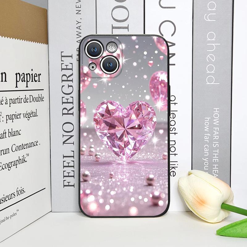 Stylish Pink Heart-Shaped Crystal Phone Case for iPhone 17 16 12 11 14 Plus 13 14 15 Pro Max 12 13 Mini X XS MAX XR Soft Covers