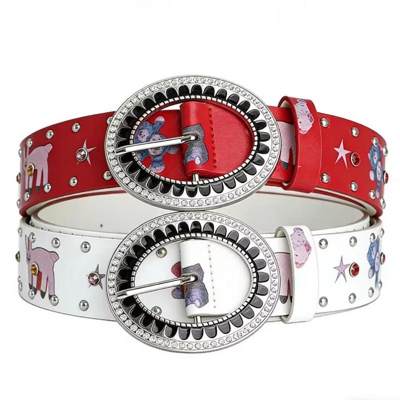 American Retro Cartoon Graffiti Belt, Hot Girl Waist Belt with Rhinestone Buckle, Rivet Decoration and Bear Ornaments