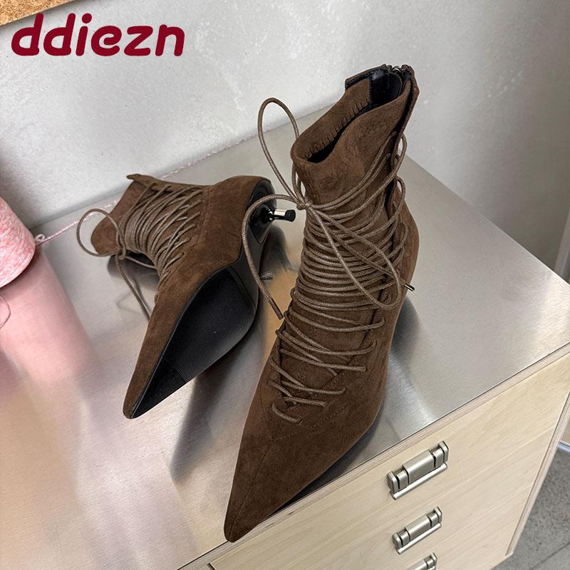 Fashion Fashion Pointed Toe Party Ladies Ankle Modern Boots Shoes With Low Heel Footwear Lace Up Women Short Boots Female Pumps