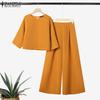 ZANZEA Women 3/4 Sleeve Blouse and Wide Leg Pants Casual Two Piece Suit Sets