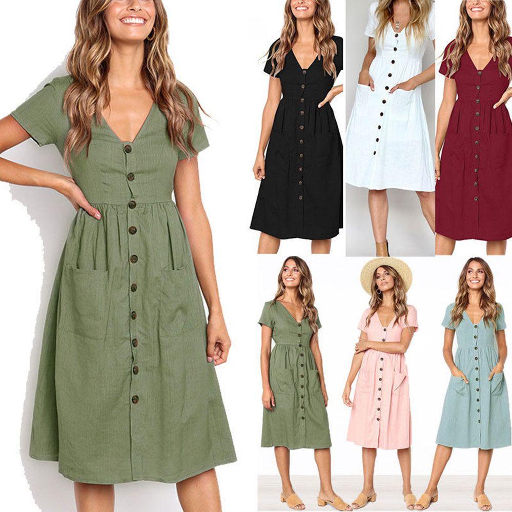 Nrj 2020 Hot Sale V-neck Button-up Short Sleeve Women's Dress With Pockets