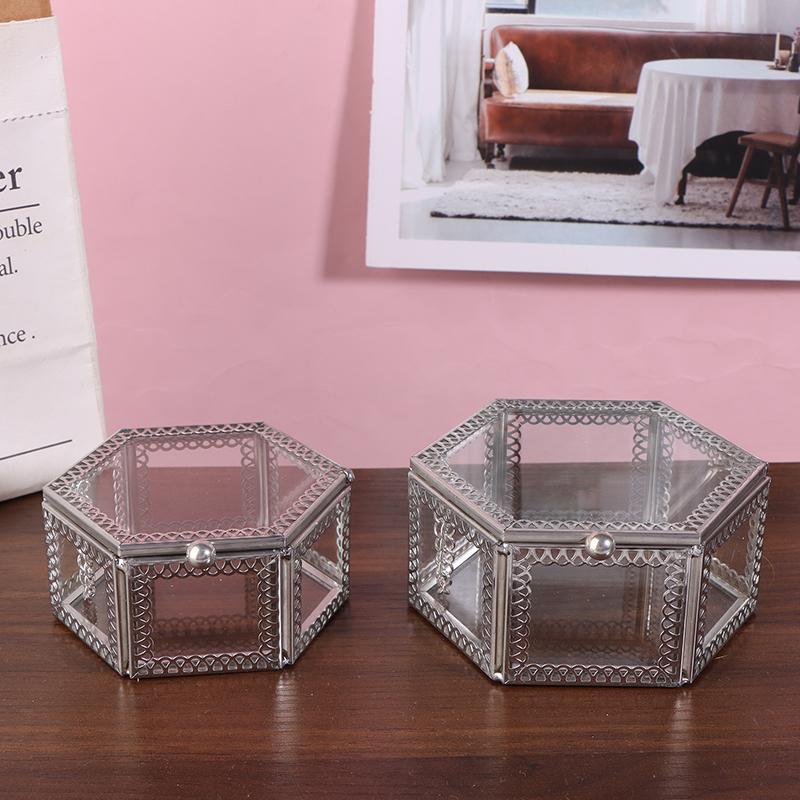 Hexagon Transparent Glass Storage Box Jewelry Ring Earring Beads Coins Display Case Keepsake Organizer Tabletop Container