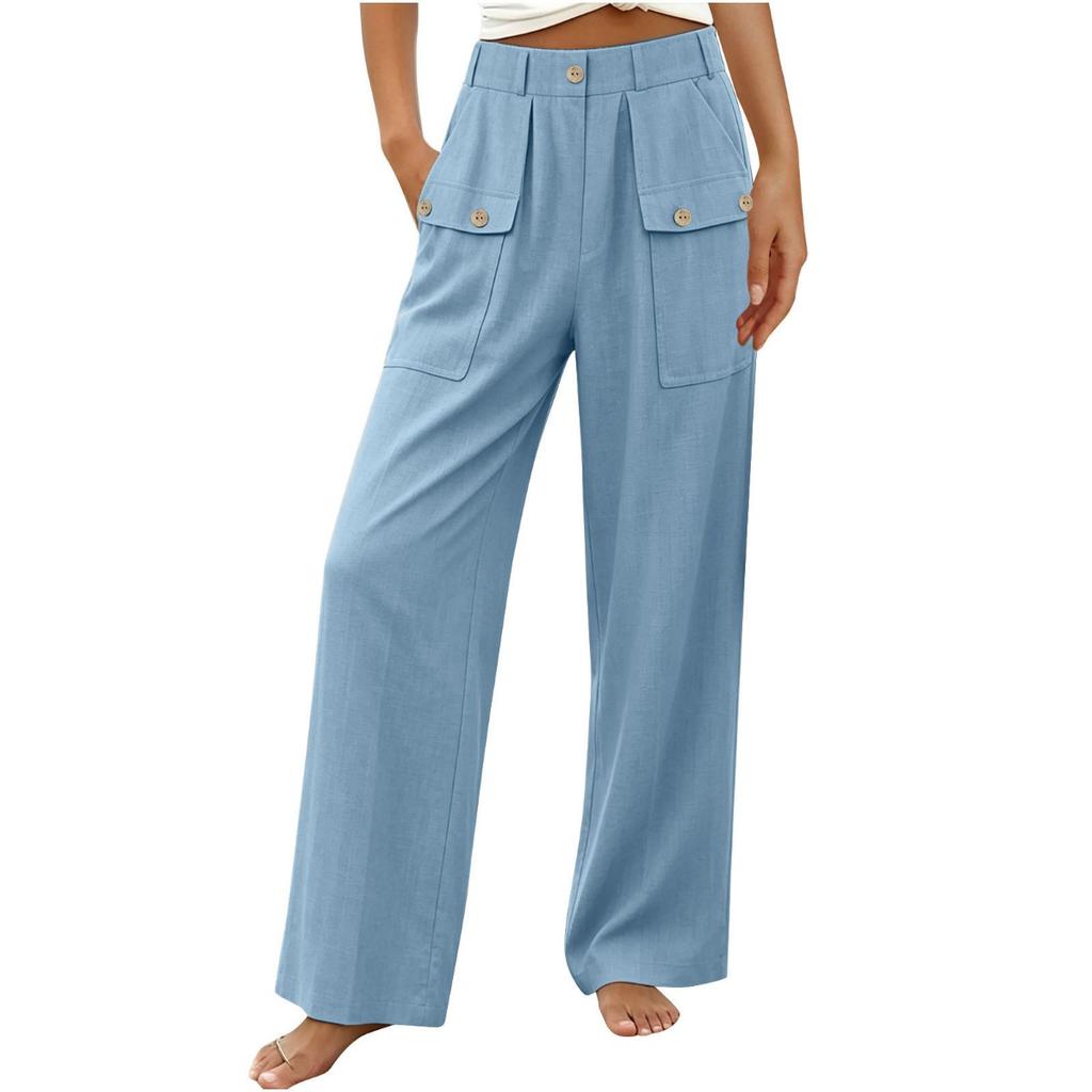 New Women's Casual Summer Cotton Linen Trousers Solid Color Button High Waist Straight Wide Leg Pants