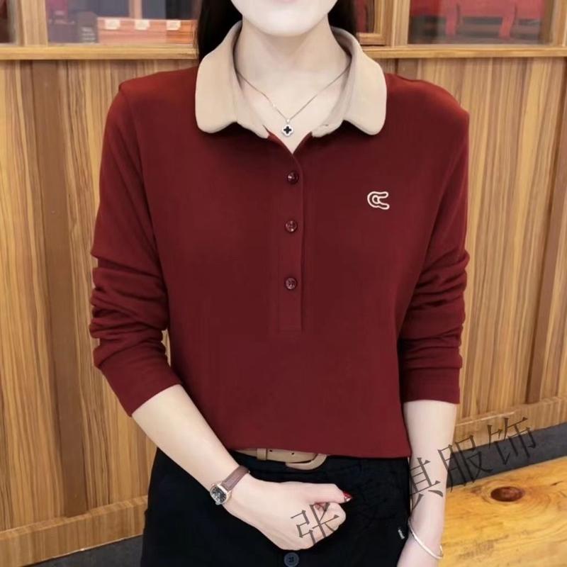 

Женская одежда Модный ПОЛО Однотонный Базовый С Длинным Рукавом Повседневный Лацкан Пуговица Контрастный Топ M красный