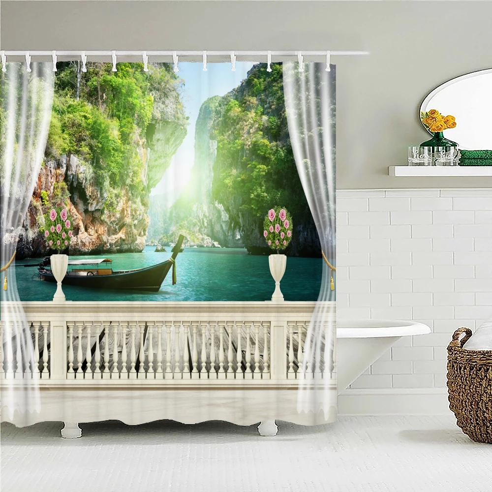 Outside The Window Seaside Scenic Beach Shower Curtains Bathroom Curtain Frabic Waterproof Bath Curtains For Bathroom 180X180Cm