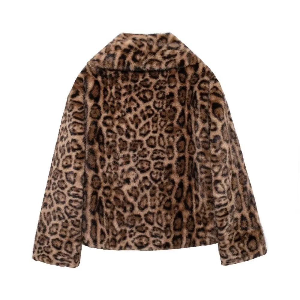 Women Winter Fashion Lazy Style Animal Print Faux Fur Warm Coat All-match Long Sleeve Lapel Coat Outerwear