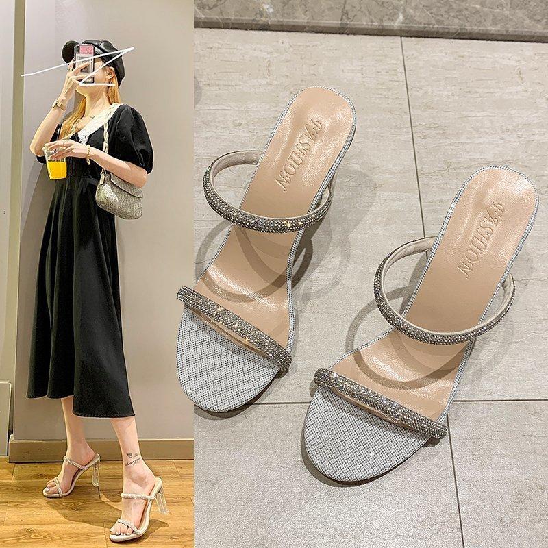 Highheeled cool slippers women's summer new rhinestone outer wear fashionable European and American largesize oneword belt women's shoes