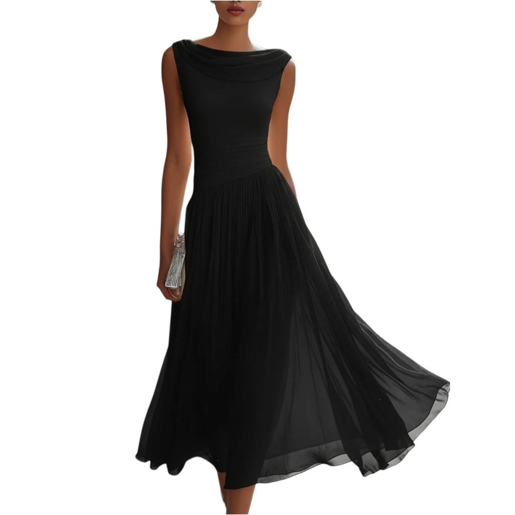 Women’s Sleeveless Cowl Neck Midi Dress Elegant Solid Design Flowy A-Line Suitable for Vacation and Daily Wear