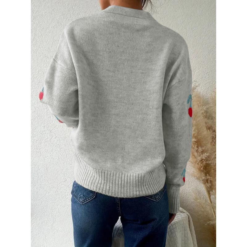 Women S Casual Cherry Pattern Knit Cardigan V Neck Loose Fit Button Detail Sweet Sweater