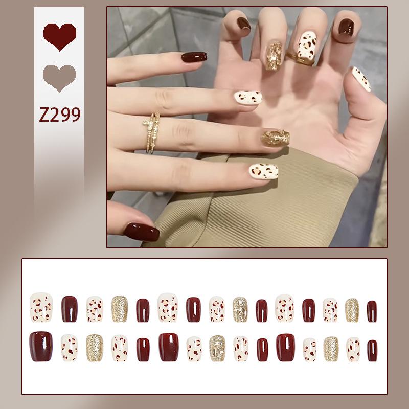 

High-End Red-Brown Leopard Print Nail Art Tips with Bling Stickers for Autumn/Winter Glue Kit