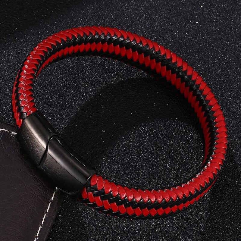 

Модные мужские украшения Красно-черный плетеный кожаный шнурок Браслет с застежкой Панк Мужской браслет на запястье 165mm чёрный
