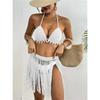 Womens Hand Crocheted Two Piece Bikini Set Shell Patchwork Tie Fringe Skirt Stylish Elegant Beachwear For Summer Vacation