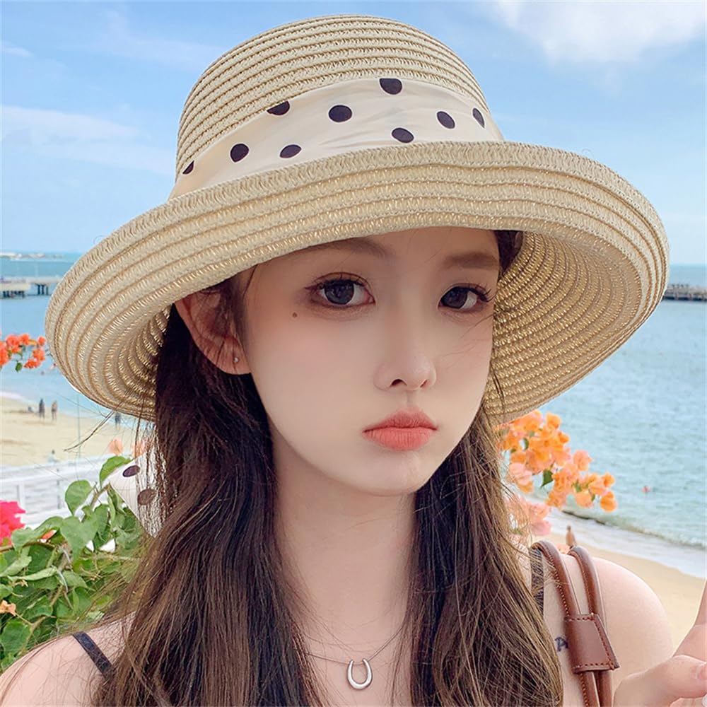 Actress Hat for UV Foldable Straw Polka Dot Cute Face Slimming Popular Straw Sunburn Swimming [Lhyxuuk] Women, Protection, Hat, Hat, Pattern, Ribbon,