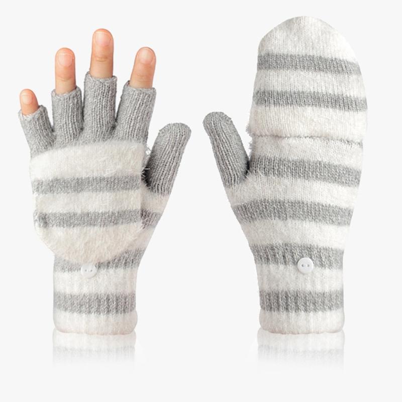 Soft Warm Gloves Winter Knitted Gloves Soft Cartoon Striped Fingerless Gloves with Flip Top Warm Glove Stretchy Mitten