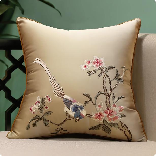 Chinesischer Stil Rosenmuster Seidenkissenbezug Chinesischer Stil Kaffee Lack Blau Kissenbezüge Luxus Vögel Blumen Kissenbezug