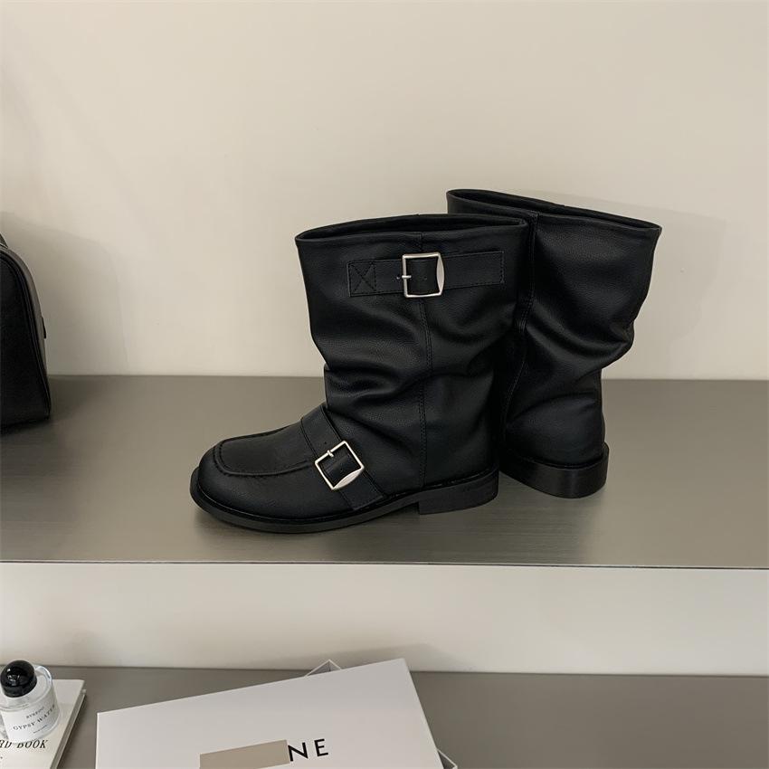 Spring and Autumn Fashion Versatile Fashion Boots Women's Round Head Belt Buckle Pile Boots Low Heel Martin Boots Medium Boots Tide