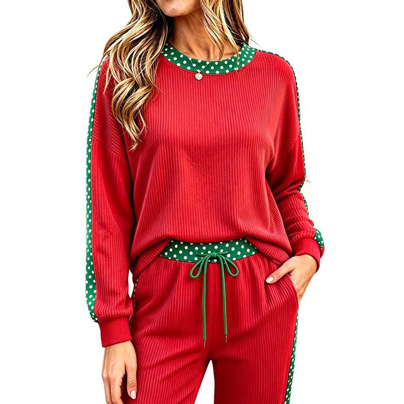 Lässiges 2-teiliges Set für Damen mit Leopardenbesatz Geripptes Langarmtop Gerade Hosen