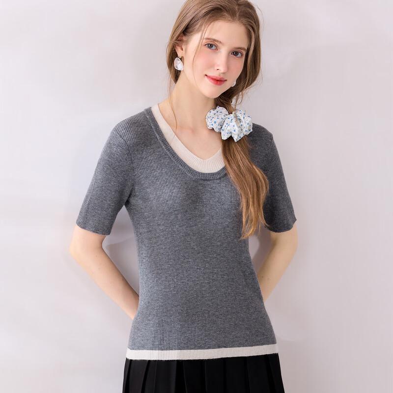 Snowforte Women's Slim-Fit Two-Tone Half-Sleeve Knit Top