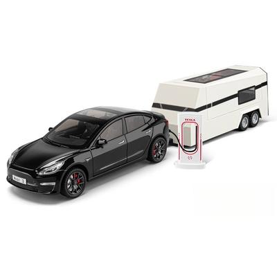 1/24 Scale Tesla Model3 Towing RV Alloy Model, Open Door Car Ornaments for Children's Sound and Light Toys To Give Gifts To Boys