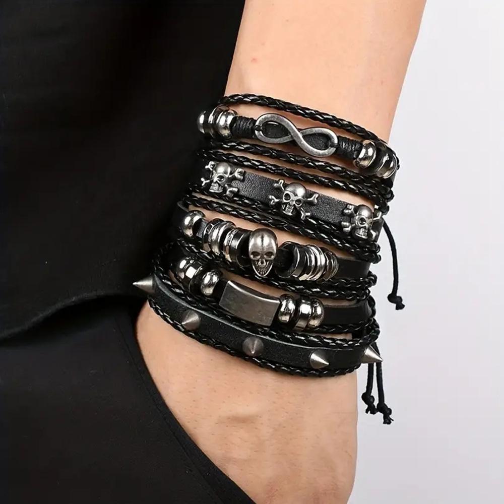 Punk Style Alloy Skull Leather Bracelet Set - European & American Retro Men's Jewelry