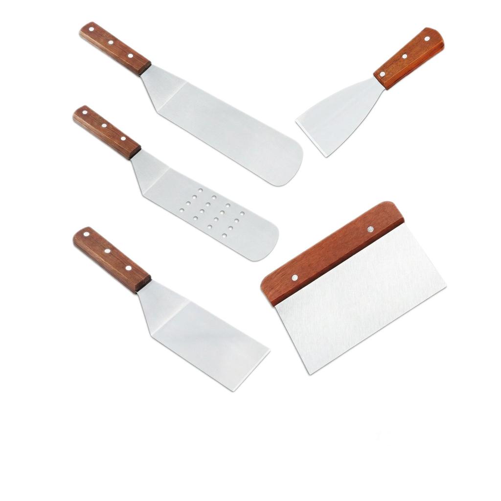 Multi-functional Stainless Steel BBQ Spatula with Wood Anti-slip Handle for Outdoor Grilling and Steak Frying
