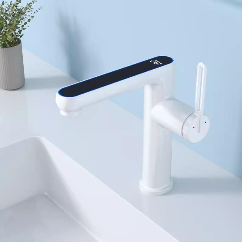 

Смеситель для раковины в ванной комнате, однорычажный смеситель для холодной и горячей воды с цифровым дисплеем, смеситель для раковины, белый, монтируемый на бортике, черный кран белый