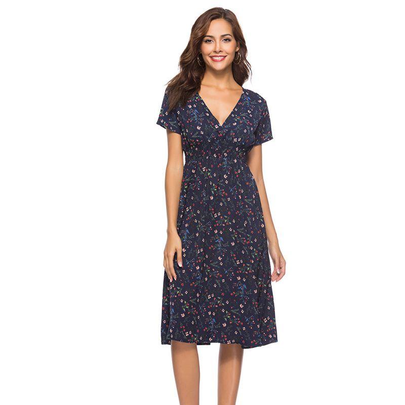 

Женское платье миди с V-образным вырезом, в стиле бохо, с цветочным принтом, с коротким рукавом, летнее, пляжное, повседневное темно-синий