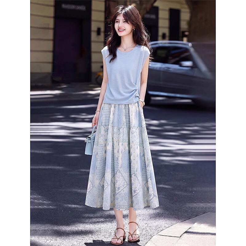 Elegant French Style Knit Top and Print Skirt Set M