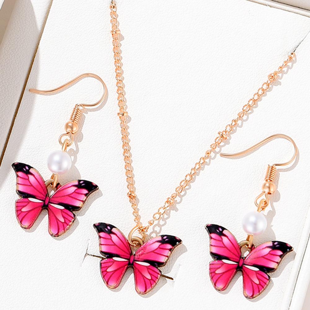 4 Piece Set Women Rose Red Butterfly Zircon Necklace Bracelet Earring Set Fashionable Versatile High End Personalized Zircon