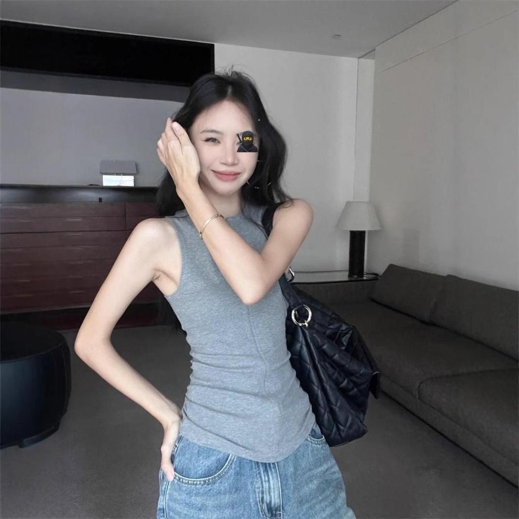 Women's Summer 2025 Spicy Girl Sleeveless Slimming Solid Color Tank Top with Round Neck Zipper