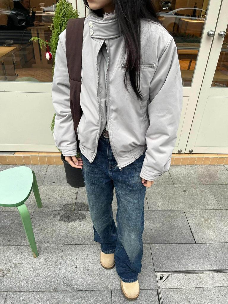 Cement Gray Winter Warm Fur Collar Cotton Harrington Bomber Jacket