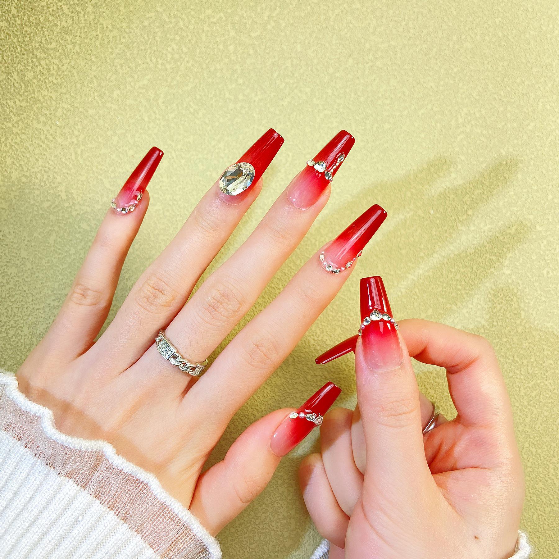 2026 Handmade Wine Red Gradient Rhinestone Press-on Nails - Elegant Pointed Design