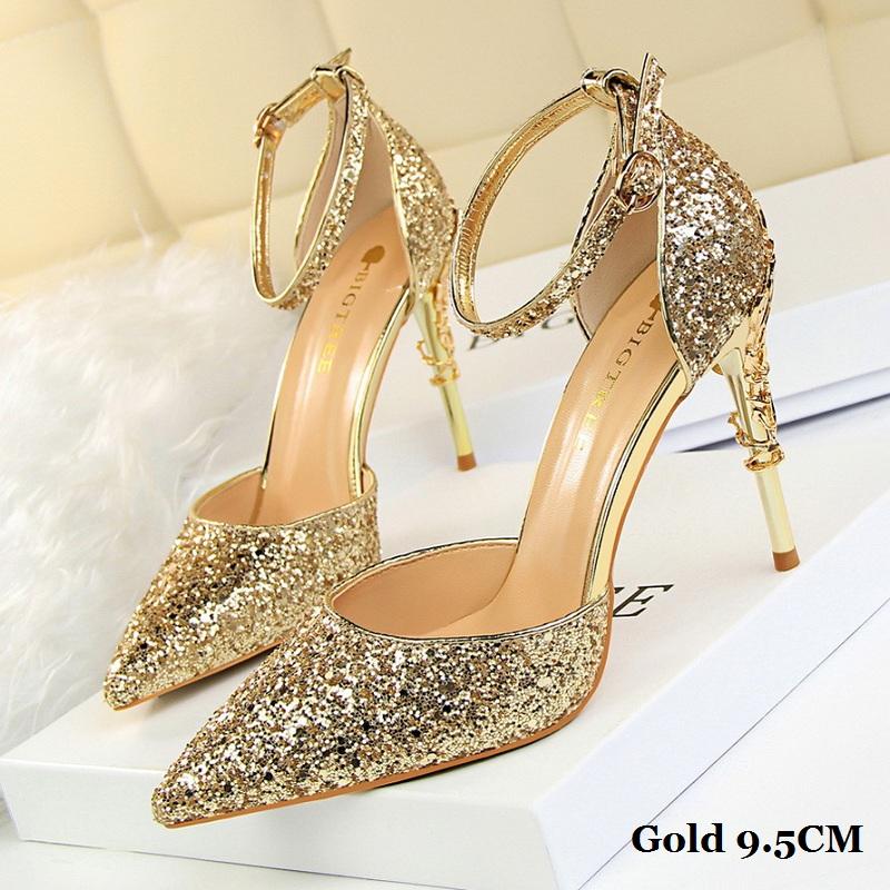 Bigtree European and American Fashion Sexy Hollow Out Nightclub Show Metal Heel  9.5cm High Heel Sparkle Sequins with Sandals