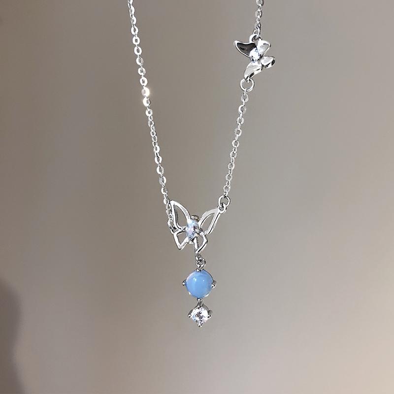 ANENJERY Hollow Butterfly Pendant Necklace for Women Silver Blue Stone Choker Necklaces Wedding Jewelry S-N718