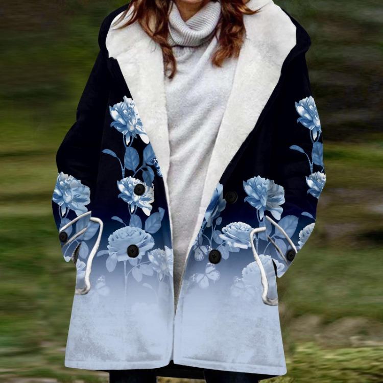 

Женская теплая плюшевая куртка с капюшоном на пуговицах большого размера с карманами с цветочным принтом XXXL небесно-голубой