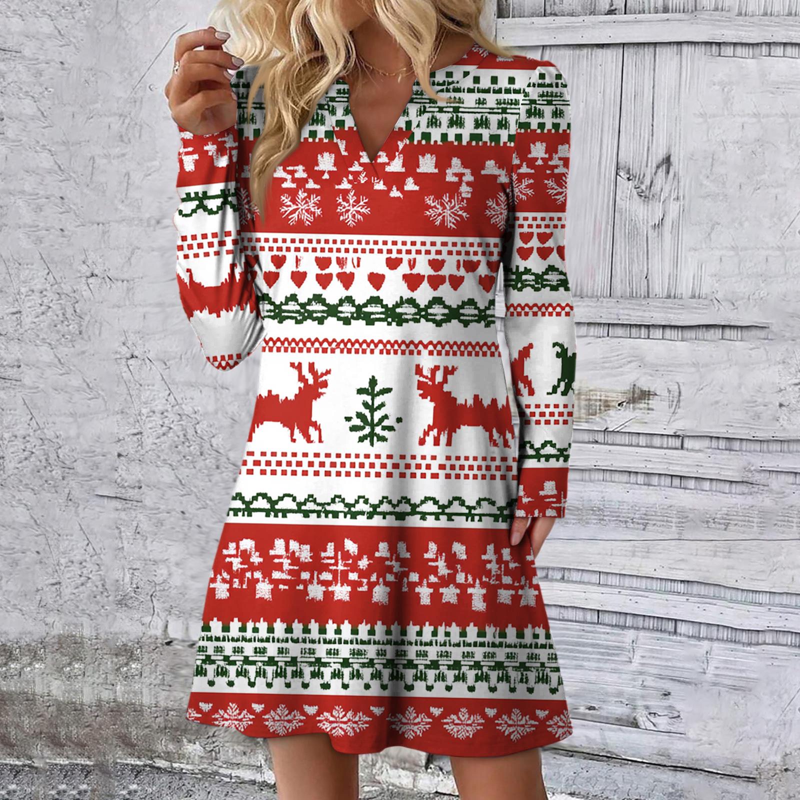 

Женское рождественское платье с принтом, свободное, с V-образным вырезом, повседневное платье с длинными рукавами M