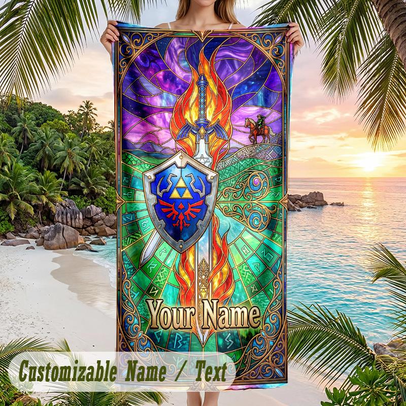 Zelda Beach Towel, Personalized Custom Text, Quick Dry Soft Large Towel For Swimming Pool Travel